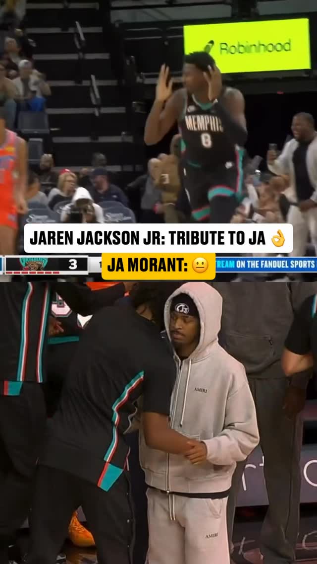 Jaren Jackson Jr. hit the three and paid tribute 👀
Ja Morant on the bench: 😐

 Is something brewing in Memphis?