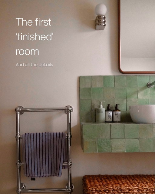 The first finished room! Took a couple of months to find and add the finishing touches in here and I’m loving how it feels 🛁🫧 

so happy to have one room done and being used properly. It used to be a small bedroom/office space and we extended the existing toilet/shower room into a much larger space. 

I’ve had lots of questions on the colour used in here. We went with Off Script from @coatpaints (gifted) 

Tried to tag everything but let me know if there’s any other questions! 🫶🏽 

🫧🫧🫧

- 
Bathroom renovation 
Bathroom reveal 
Green Zellige tiles 
Wooden shelf 
Bathroom design 
Home design 
Custom sink unit 
Freestanding bath