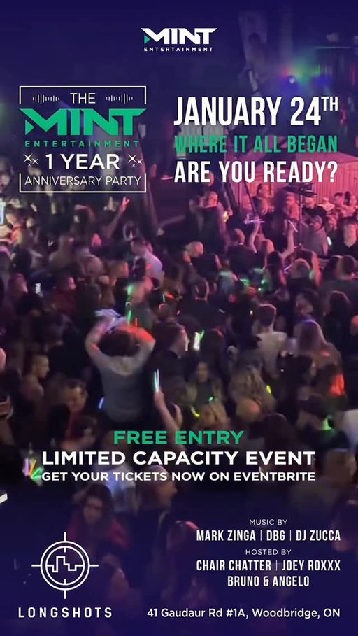 Back to where it all began!! 💚🎉

Mint Entertainment celebrates 1 year from when we first hosted the Palazzo reunion party. It all started inside @longshotscanada 

📍 Longshots
🗓 Saturday January 24
⏰ 9PM–3AM
MUSIC BY: · @iam_zinga - @djzucca - @the.dbg !
Playing all your favourite party anthems!.
.
🎤 Hosted by the Mint Entertainment family - @chair_chatter @bruno_darcangelo @joeyroxxx @angel_paul_93 

✨ FREE EVENT (limited capacity)
🎟 Tickets required | 25+
🍾 VIP & Bottle Service available

🎟️ Head to Eventbrite to secure your free tickets! & ENSURE ENTRY !!!
Ticket Link in bio !!

One reunion. One year. One unforgettable night.
See you there!
.
ITS GONNA BE MINT!