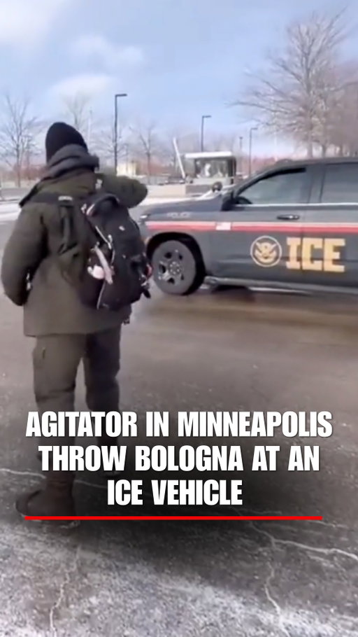 ROADSIDE RESISTANCE: A man hurls slices of bologna at an ICE vehicle in Minneapolis.