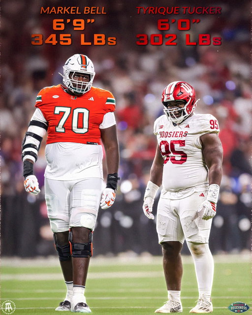 BIG size difference between Miami’s heaviest offensive lineman and Indiana’s heaviest defensive lineman

Strength vs finesse in the Natty, whose line will win this matchup?