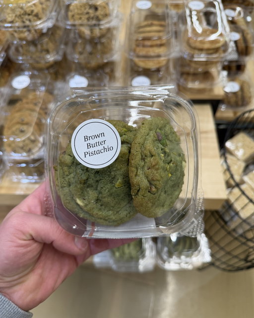 Brown Butter Pistachio Cookies immediately stand out in the bakery section at Whole Foods 🍪 These thick cookies have a soft texture with nutty pistachio pieces and a rich brown butter flavor. A great choice if you want something a little different from classic chocolate chip 💚 $7.50 #WholeFoods #BakeryFinds #DessertIdeas
