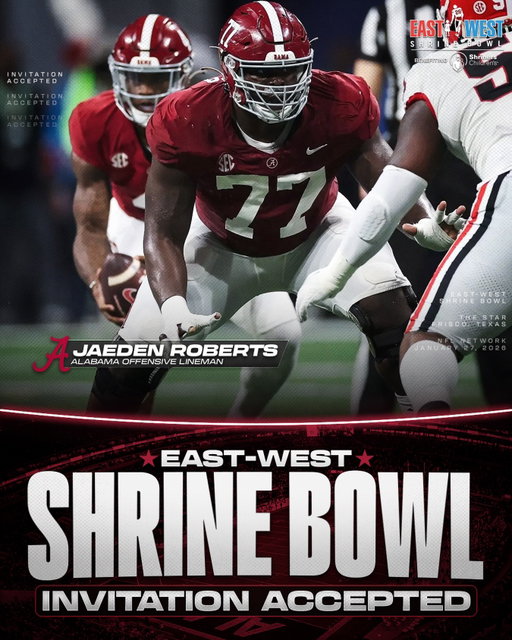 Invitation Accepted

Alabama OL Jaeden Roberts has officially accepted his invite to the East-West Shrine Bowl! 🐘

#RollTide | #ShrineBowlWHOSNEXT 😎