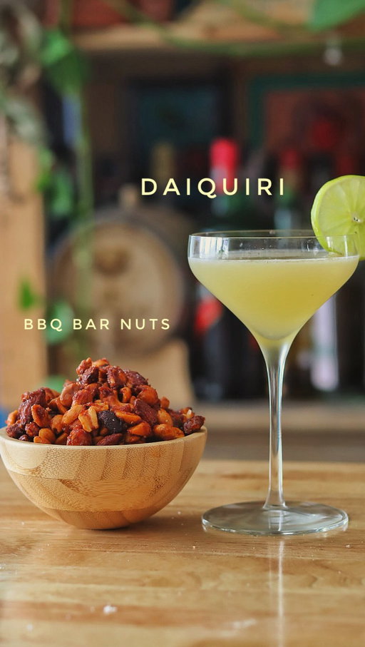 BBQ BAR NUTS
It may be a dry month for some, and respect to that, but SWEET BABY RAY’S isn’t dry — and neither are these BBQ bar nuts. We’re fully committed to a moist January: saucy, salty, a little sticky, and extremely snackable.

3 cups mixed nuts
1 cup SWEET BABY RAY’S BBQ sauce
2 tablespoons butter
2 tablespoons brown sugar
Salt to taste
Bake for around 35 min. Mix every 7 minutes or so. Let cool on a separate baking sheet. Bam!
Daiquiri 
2 oz Rum
¾ oz Lime Juice
½ oz 2:1 simple syrup
I’m pumped to do a video with SWEET BABY RAY’S. Me and my friends grew up on this stuff so this sauce brings some nostalgia.