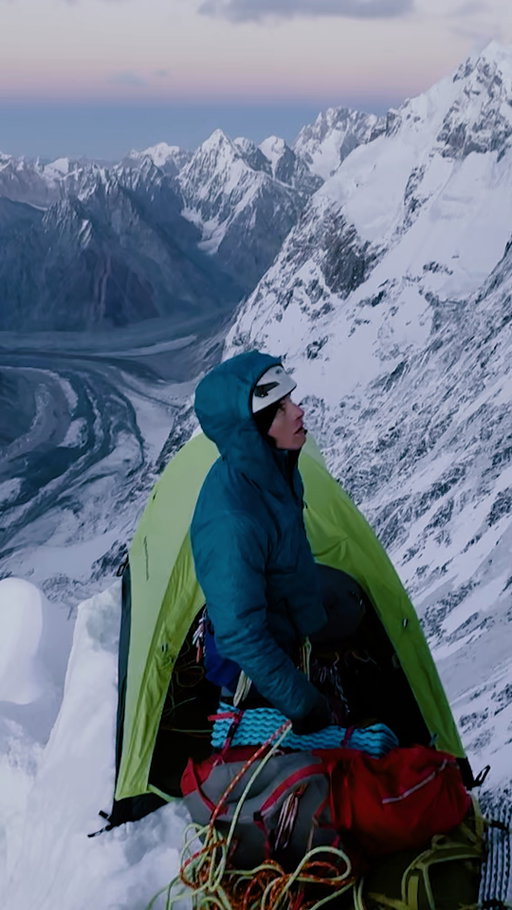 Yep, that’s a three-person bivy on a four-foot-wide blade of snow. Problem? Only if you like sleeping.
 
Watch the full ascent of Yashkuk Sar I with Dane Steadman and crew at the link in bio.