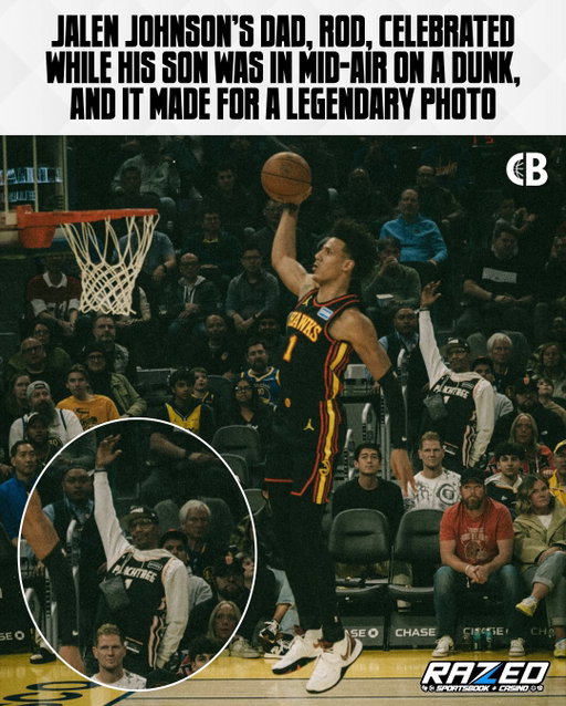 Jalen Johnson’s dad, Rod, celebrated while his son was in mid-air on a dunk, & it made for a legendary photo! 📸

Both of Jalen’s parents and two brothers played college basketball, & his dad, Roderick, played pro in Europe. 

They should frame that ‼️