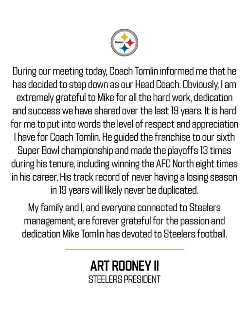 Statement from Steelers President Art Rooney II on Coach Mike Tomlin: