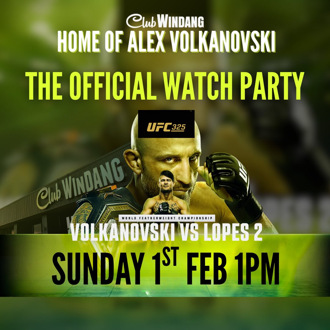 Home of the UFC 325 WATCH PARTY – VOLKANOVSKI DEFENDS THE BELT 🏆
For the first time in his legendary career, UFC Featherweight Champion Alexander “The Great” Volkanovski defends his title in his home city of Sydney, taking on Brazil’s Diego Lopes in a massive rematch.
As our local champion, Volk has been training right here with local gym Freestyle MMA, here in the Illawarra, and we’re proud to back one of our own. We’d love to see the Windang & surrounding community come out in force to support Alex as we watch the action live across all screens throughout the club.

🔥 What to expect:
Huge UFC atmosphere
Multiple big screens across the venue
One of our most popular & packed-out events
🎁 Draw for the ultimate Alexander “The Great” Volkanovski FAN PACKAGE, including autographed official UFC glove and other personally signed merchandise
👉 The draw will take place after Volkanovski’s UFC 325 fight - MUST BE PRESENT TO WIN
🎟️ Receive a ticket for the draw by spending $10 at the bar or BAR 2 SIX restaurant

📍 Seating & bookings info:
Auditorium: Book early to reserve tables – this space fills fast
Main Lounge: Walk-ins welcome, but arrive early to secure a table
Front Green: Perfect for families – playground on site and dog friendly
⚠️ Please note:
Front Green table reservations require the purchase of a $50 Club voucher to secure your spot, due to extremely high demand on weekends.

Don’t miss this historic moment for Australian MMA.
Get in early, book ahead, and help us cheer on Volk! 🇦🇺🥊