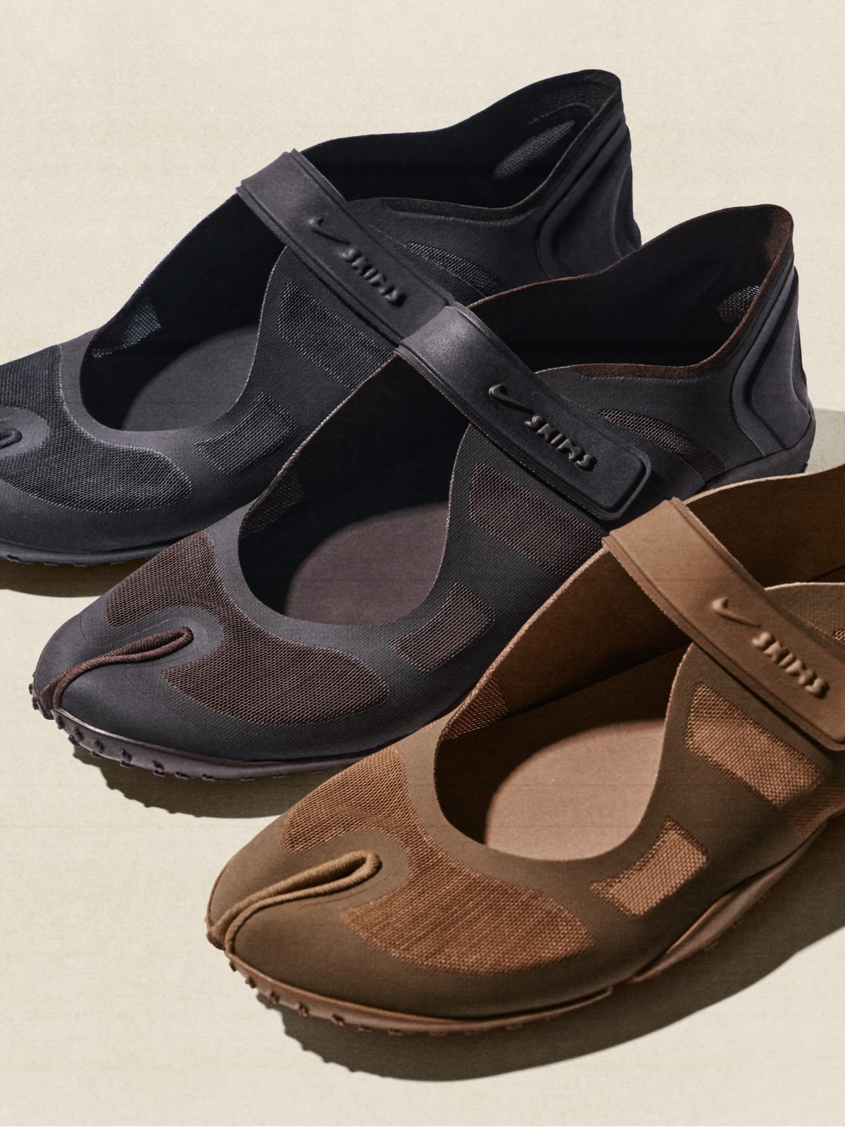 The NikeSKIMS Rift Mesh.

The iconic split-toe silhouette, reimagined. The first ever footwear release from NikeSKIMS launches in North America on January 26 across Nike.com, SKIMS.com, and select SKIMS and Nike retail locations in three colorways: Black, Velvet Brown, and Archaeo Brown.