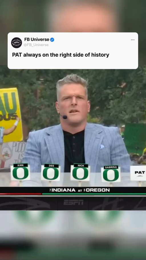 👉👉 follow @fb_universe for more news, highlights & analysis 

When the world doubted, the "Wild Man" stood alone. 🗣️

The pre-game coverage for the Peach Bowl was a sea of yellow and green. Every major ESPN analyst, from the legends to the lead anchors, lined up to pick the Ducks. The narrative was everywhere: "It’s too hard to beat a team like Oregon twice," or "Dante Moore is on fire." 📉🦆

But Pat McAfee saw the vision. While everyone else was betting on the Oregon revenge tour, McAfee planted the flag for Bloomington. He called them a "team of destiny," dubbed the city of Atlanta "Indianta" for the night, and predicted the Hoosier takeover before a single snap was played. The result? A 56-22 absolute "belt-to-ass" demolition. Indiana didn't just win; they dominated from the very first play—a pick-six that turned Mercedes-Benz Stadium into a deep-red frenzy. McAfee was on the sidelines watching his "grown-ass men" methodically dismantle the #5 team in the country while the rest of the desk sat in silence.

Who’s laughing now? The 15-0 Hoosiers are headed to the Natty, and Pat McAfee has the receipts. 🧾