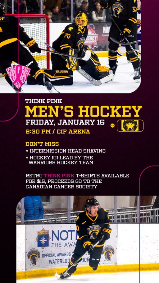 🏒Come support @jadenreyers18 and the @wloomhky team as they host their Think Pink game against Lakehead at CIF this Friday, January 16th, 2:30 PM.
 
Jaden will be donating his hair to the Canadian Cancer Society as he and the Men’s Hockey Team continue to raise money for the cause. 
 
👚Retro Think Pink T-Shirts will be available for $15. All proceeds go to the cause.
 
See link in our bio to donate! Go get tickets for Friday’s game.
 
#GoBlackGoGold #ThinkPink #ShootForTheCure