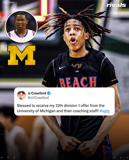 Michigan has offered 2029 guard JJ Crawford〽️

He’s the son of former Wolverine and NBA legend Jamal Crawford.

Follow @Rivals.IG for the latest recruiting news and intel‼️