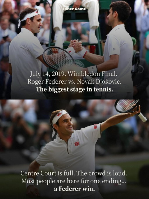 Comment “INNER” to get the Inner Game Newsletter, breaking down 50 years of insights on how top performers win under pressure by aligning mind, body, and awareness, so performance can emerge naturally.

In the 2019 Wimbledon final, Novak Djokovic played in one of the most intense environments of his career, with the crowd overwhelmingly behind Roger Federer. Earlier in his career, moments like this often caused his mind to interfere, tightening his body and disrupting his game under pressure.

Over time, Djokovic learned to shift attention away from outcomes and anchor himself in the present moment. By managing the Inner Game, he allowed his training to take over when it mattered most, deciding one of the greatest finals in tennis history.

#theinnergame #novakdjokovic #tennis #sports #athlete