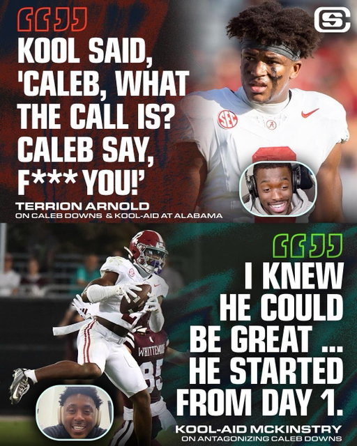 Kool-Aid gave Caleb Downs HELL at ‘Bama to bring out the best in him 😭

#closedonsundays #patsurtain #terrionarnold #cfb #bama #collegefootball #calebdowns #nfldraft