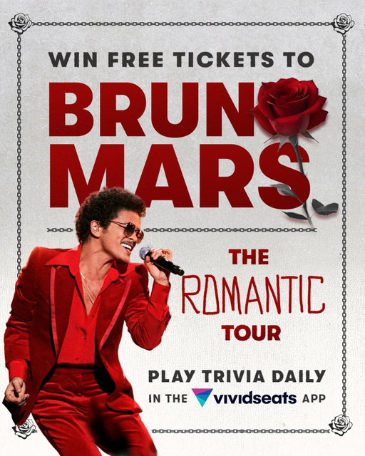 Calling all Bruno Mars fans 🕺🔥
Play daily Bruno Mars Trivia in the Vivid Seats app for a chance to win two tickets to see him live in the city of your choice 🎤✨
The more you play, the better your chances — let’s see if you’ve got that 24K magic and can keep up with the real superfans 💛💫

🔗 Link in bio to play. Ends 1/21. Up to $500 value.