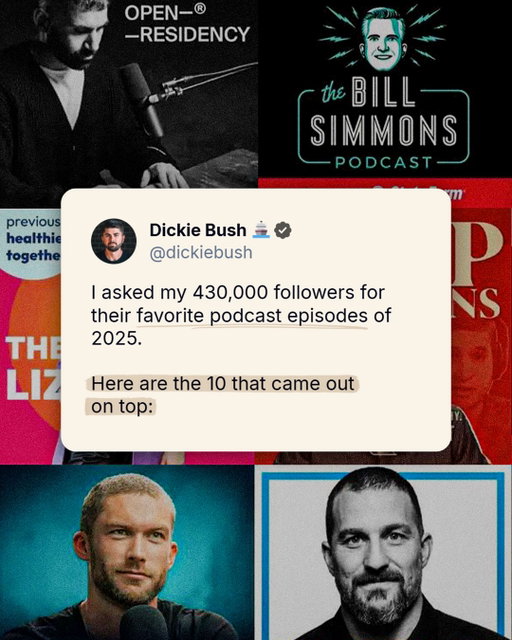 I asked my 430,000 followers for their favorite podcast episodes of 2025.

Here are the 10 that came out on top:

1. 44 Harsh Truths About The Game Of Life - Naval Ravikant

2. David Whyte on Tetragrammaton with Rick Rubin

3. Huberman Lab podcast: How to Overcome Inner Resistance - Steven Pressfield

4. Costco on Acquired

5. Open Residency Podcast with Sahil Bloom

6. Max Kellerman on Life After ‘First Take,’ Stephen A. Smith, and ESPN - The Bill Simmons Podcast

7. Chris Williamson interviewing Alex Hormozi

8. Stop Fearing AI. Start Using It Like THIS.

GaryVee w/ The Liz Moody Podcast 

9. Tyler Cowen - The #1 bottleneck to AI progress is humans

10. Finish One Week Of Work Today - Life Changing Advice To Get Your Life Back - Cal Newport

Thanks for reading!

If you enjoyed this, then follow me for more posts on digital writing and digital businesses.