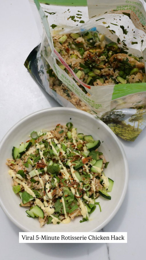 Viral 5-Minute Rotisserie Chicken Hack 🍗🔥High protein, zero effort, BIG flavour.
If you need dinner on the table fast, this one is it. Literally took 5 minutes and tastes so good - the ultimate quick, high-protein meal.
Ingredients
* 1 hot roast chicken, bones removed and shredded 
* Rice of choice (I used sushi rice)
* 1 bunch Spring onion, finely chopped
* 1 bunch Coriander, finely chopped
* 3 tablespoons Soy sauce

Extras I added because *yum* & we had in the house already 

* Sriracha
* ABC sauce
* Drizzle of sesame oil
* Sesame seeds
* Cucumber, sliced for extra crunch 
* Crispy shallots
Method
1. Full all meat off the chicken and ensure you keep all the juices in the bag. 
2. Into the bag add rice, chicken, spring onion, coriander, cucumber, soy sauce, sriracha, ABC sauce, crispy shallots and a drizzle of sesame oil.
3. Toss until combined. 
4. Serve straight out of the bag or into a bowl if you must! ;)
Fast, flavour-packed and protein-loaded - perfect for busy nights when you still want something delicious. 🤌✨