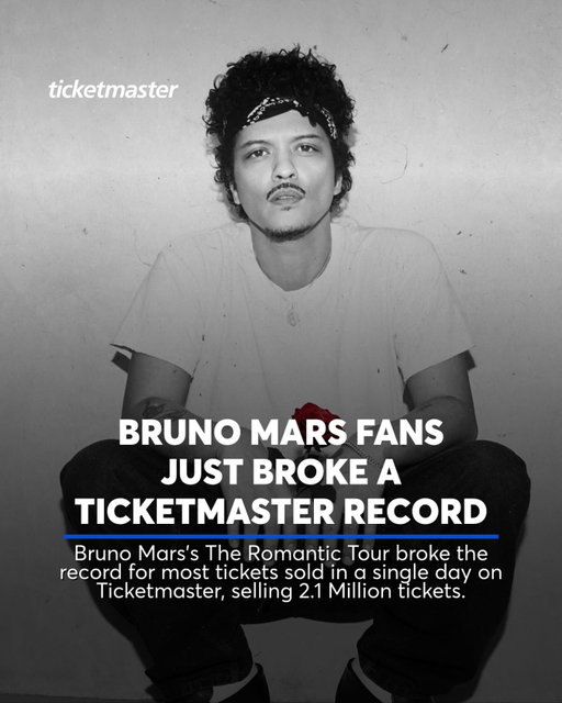 @brunomars fans just broke a Ticketmaster record! 👀 Bruno Mars’s The Romantic Tour sold 2.1 million tickets yesterday, breaking the record for most tickets sold in a single day on Ticketmaster. 🎫

Shout out Bruno and we can’t wait for The Romantic Tour to kick off later this year! 🌹