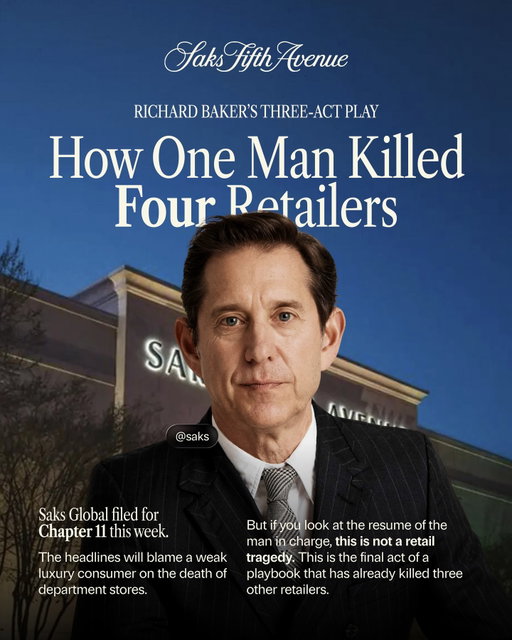 @saks filed for Chapter 11 this week. The headlines will blame a weak luxury consumer or the death of department stores. But Richard Baker has run this playbook four times before. Lord & Taylor, Hudson Bay, Zellers and Galeria Kaufhof. Same playbook & ending every time. 

Today’s case study is on how one man killed four retailers and what brands need to learn about who controls their distribution. 

Follow and comment SAKS and I’ll send you the full case study.