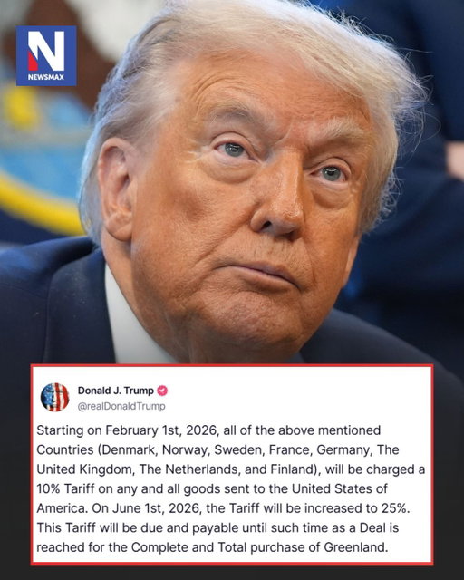 BREAKING: President Trump says the U.S. will impose 10% tariffs on goods from Denmark, Germany, the U.K., France and other European countries starting Feb. 1 — rising to 25% on June 1 unless a deal is reached for the U.S. to purchase Greenland.⁣
⁣
Link in bio.