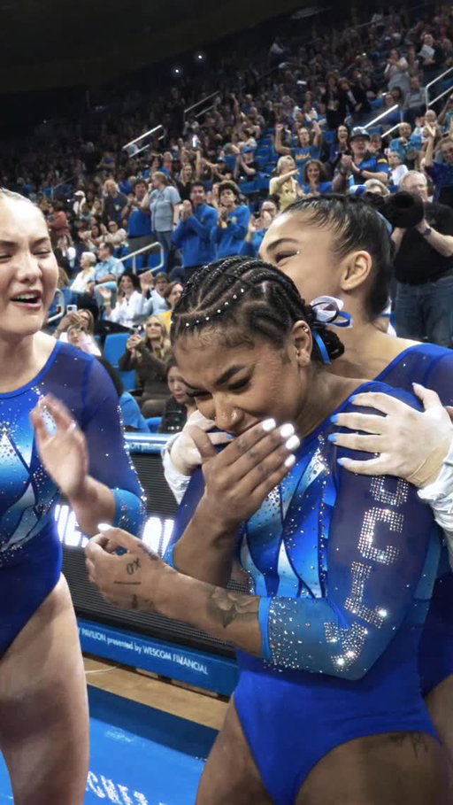 The REACTION! 🥳 Congratulations to #ThatGirl @jordanchiles on her first career perfect 🔟 on vault. She is coming for that Gym Slam! #GoBruins