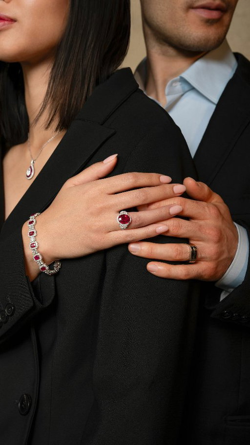 Mark an auspicious new year with this exquisite ring featuring a 6.03 carat ruby with diamond accents. Accompanied here by a magnificent ruby and diamond bracelet (14.72 carats total weight) and a diamond and ruby pendant.

#HumbertownJewellers #Toronto #luxury