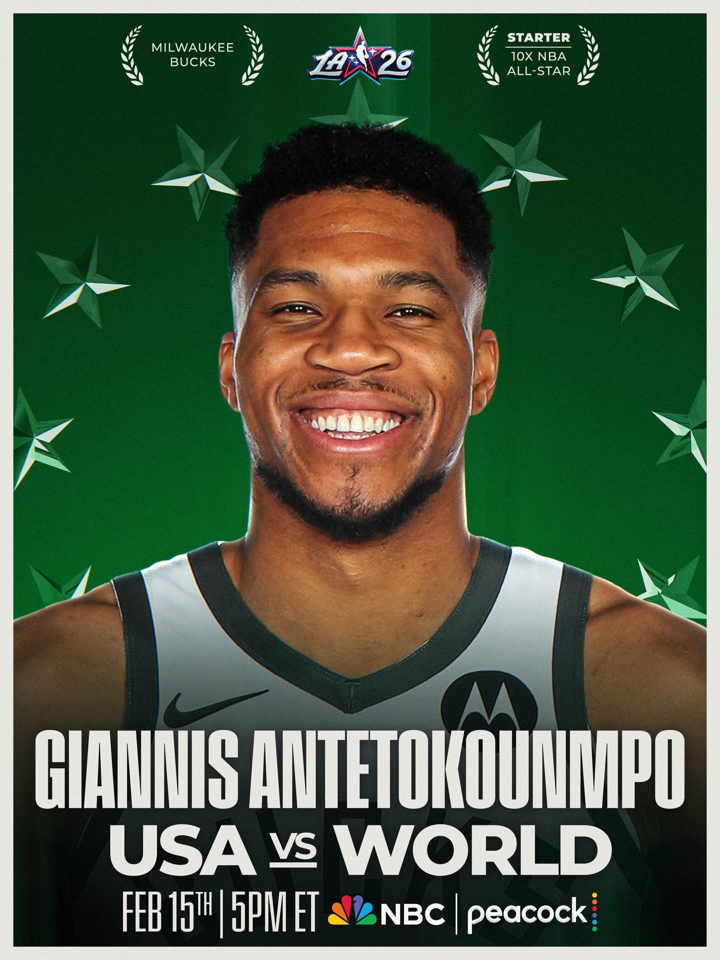 Giannis Antetokounmpo is making his 10th NBA All-Star appearance after finishing with the most votes in the East. Drafted as the 15th overall pick in the 2013 NBA Draft out of Greece, @giannis_an34 is an NBA Champion and 2x Kia NBA MVP. This season, he is averaging 28.8 PPG, 9.5 RPG and 5.5 APG for the @bucks.