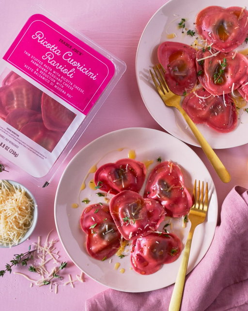 Fittingly, #TraderJoes Ricotta Cuoricini (Italian for “little hearts”) Ravioli are truly a labor of love. They’re made for us by a trusted Italian supplier, who carefully stuffs each charmingly heart-shaped, fuchsia-hued Raviolo (colored with vegetable juice, we should mention) with a mix of creamy ricotta, nutty Parmigiano Reggiano, and a bright, bracing reduction of Aceto Balsamico di Modena PGI—i.e., balsamic vinegar sourced directly from Modena.
•
As experts in the field of fresh pasta, this supplier employs just the right ratio of pasta to filling, delivering tender, al dente texture and delightfully cheesy flavor in every bite. Ready in just 5–6 minutes, these Ravioli are ideal as part of a romantic, candlelit dinner—or, equally so, an easy weeknight entrée. Simply drizzle with olive oil, top with Shaved Parmesan, sprinkle with crushed red pepper, and serve! 💕
—
• Limited Time • 8.8 oz. Pkg. • Product of Italy •