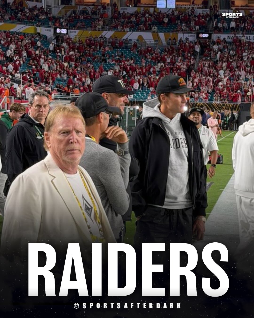 The NFL’s Raiders ownership/brass is present and seen on the sidelines for the College Football National Championship.

Owner Mark Davis AND Tom Brady AND John Spytek and numerous other members of the Raiders staff are present for today’s game at Hard Rock Stadium between Indiana and Miami.

The Raiders have the #1 pick in the 2026 Draft, and Heisman winner Fernando Mendoza is at the top of the incoming NFL QB draft rankings. 

Fernando Mendoza coming 🔜? 👀 

🤩🖤👀

📸 @petethamel / ESPN
