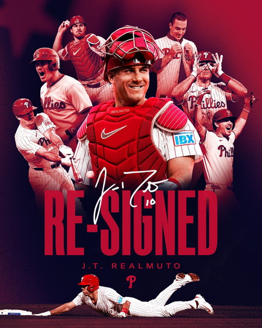 The BCIB is staying at The Bank

The Phillies have re-signed catcher J.T. Realmuto to a three-year contract. To make room for him on the 40-man roster, INF/OF Weston Wilson was designated for assignment.