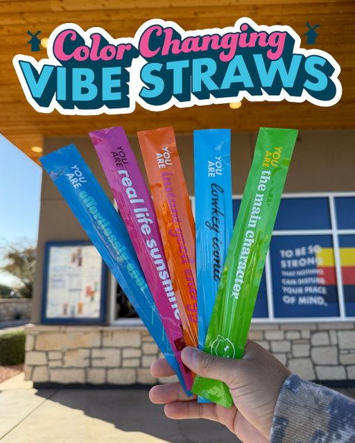 what’s your vibe?! ⁉️⁣
⁣
starting at 5AM on Wed, 1/21, get a randomly selected color changing vibe straw w/ every medium or large drink purchase. While supplies last. Max 5 per customer. Order ahead will be unavailable between 4AM and 6:30AM.
