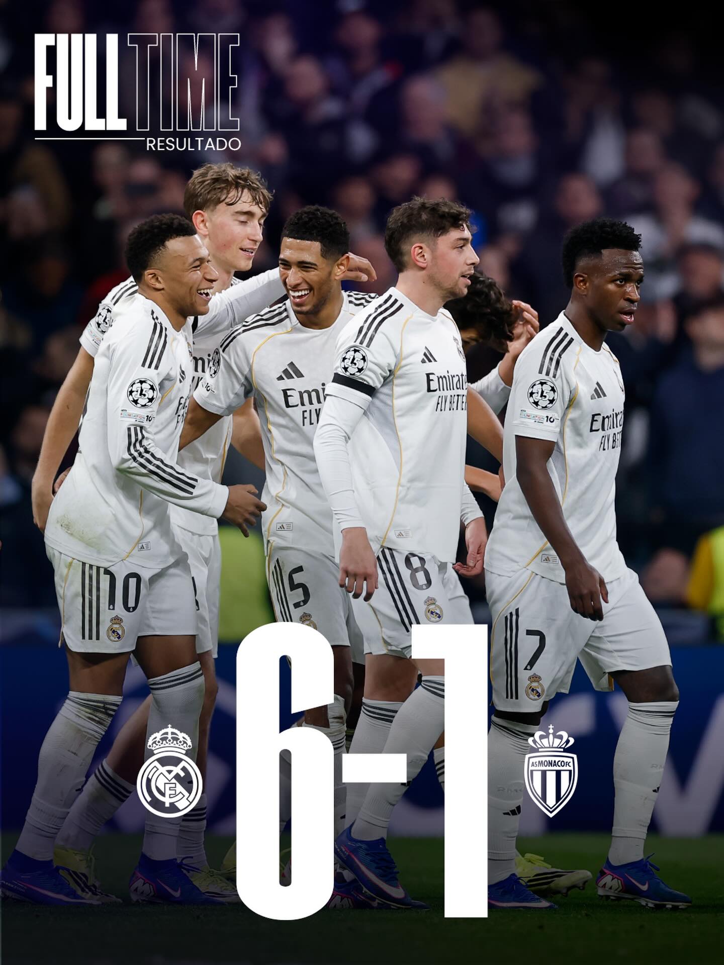 🏁 FT: Real Madrid 6-1 Mónaco 
⚽ 5’ @K.Mbappe 
⚽ 26’ @K.Mbappe
⚽ 51’ @Franco.Mastantuono 
⚽ 55’ Kehrer (og)
⚽ 63’ @ViniJr 
⚽ 72’ Teze
⚽ 80’ @JudeBellingham
#UCL