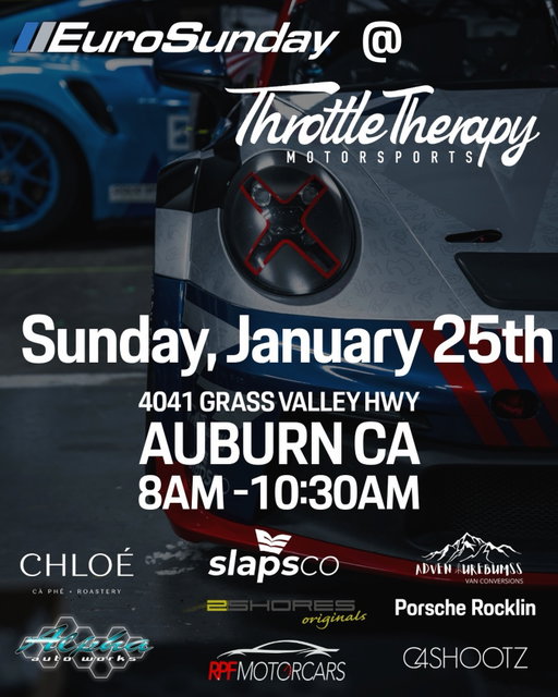 Yes, it’s about that time. 🔥
@eurosunday is kicking off at @throttletherapyms this Sunday!
Last time we linked up here it was an amazing time, but this time we’re turning it into a full-on block party. 
A few neighboring shops @2shoresoriginals @rpfmotorcars @adventurebumss will be opening their garages so we can all hang out together.
Pull up for Cars & Coffee (provided by @chloe.caphe !), good vibes, and even better builds.
@snapon_official will be in the house along with
@alphaautoworks_ 
@porscherocklin 
@thecarsofsac 
@c4shootz 

#auburn #sacramento #rocklin #roseville