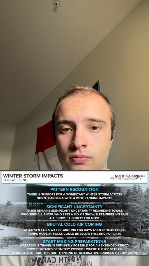 I’m back with your afternoon reel. Confidence continues to increase for a significant Winter Storm that’ll impact parts of the state. The notion that a nice snowstorm is coming is not true; it’s either gonna be mostly sleet or freezing rain, with a burst of snow for some. The threat of power outages is increasing, but we will fine-tune the highest risk over the next 24-36 hours. There’s no reason to panic, but you should be aware of potential impacts. A Winter Storm Watch has been issued for most of Central and Western NC by the National Weather Service. I’ll keep you updated as much as possible. #ncwx #ncmountains #winterstorm