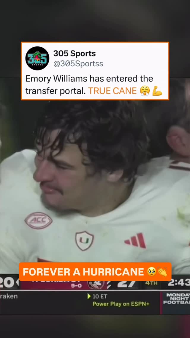 Left it ALL on the field. Always a CANE 😤🙌 @emory_williams9 

Miami QB Emory Williams is entering the transfer portal after 3 years. Throwback to his heroic effort against FSU in 2023.

(via ESPN, ACC Network)