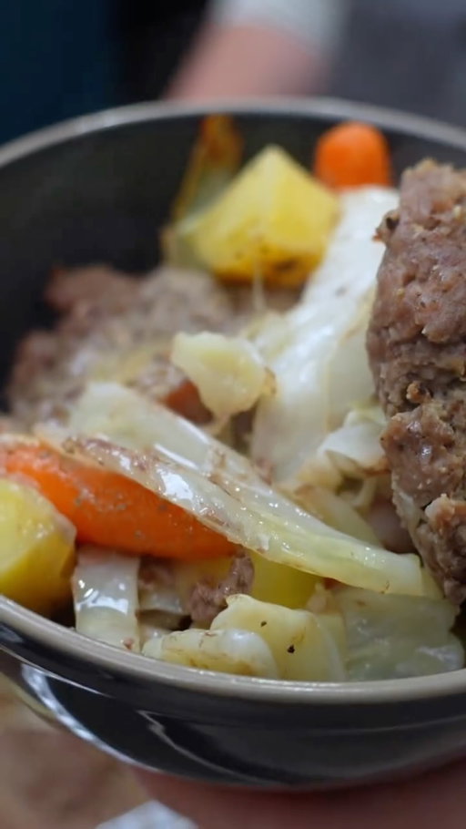This is what I make, when we don’t want to cook

Foil packet dinner

2lbs ground beef
1/2 head of cabbage
3-4 large potatoes cubed
1 chopped onion 
Chopped carrots (as many as you want)
1 stick butter (optional)
1/4 cup water
SPG seasoning to taste (salt pepper garlic)
Your favorite burger seasoning to taste
*optional*
Ranch packet over veggies
Garlic Parmesan sauce over veggies

-preheat oven to 350*
-place potatoes, carrots, onions in bottom of 9x13 pan
-drizzle olive oil and SPG seasoning over veggies
-make equal size Patties with ground beef and cover veggies in pan and season with burger seasoning to taste
-cover evenly with pats of butter, then add all cabbage
-pour in water and cover with foil tightly. Bake at 350 for 75mins or til veggies desired tenderness and meat cooked through 
-serve hot, my wife likes hers with ketchup and I really like a little garlic Parmesan sauce with the veggies

Hope you love this one pan meal, it’s been an easy throw and go when we want something hearty that’s delicious. One of my wife’s favorite meals we make

#dinner #mealideas #holmescooking