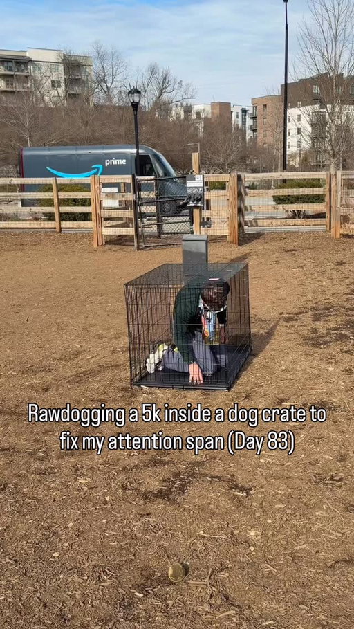 Go watch the full video linked. FOLLOW ME FOR MORE! 

Rawdogging a 5K in a dog crate to fix my attention span. Day 83. #running #5k #funny #runner #comedy