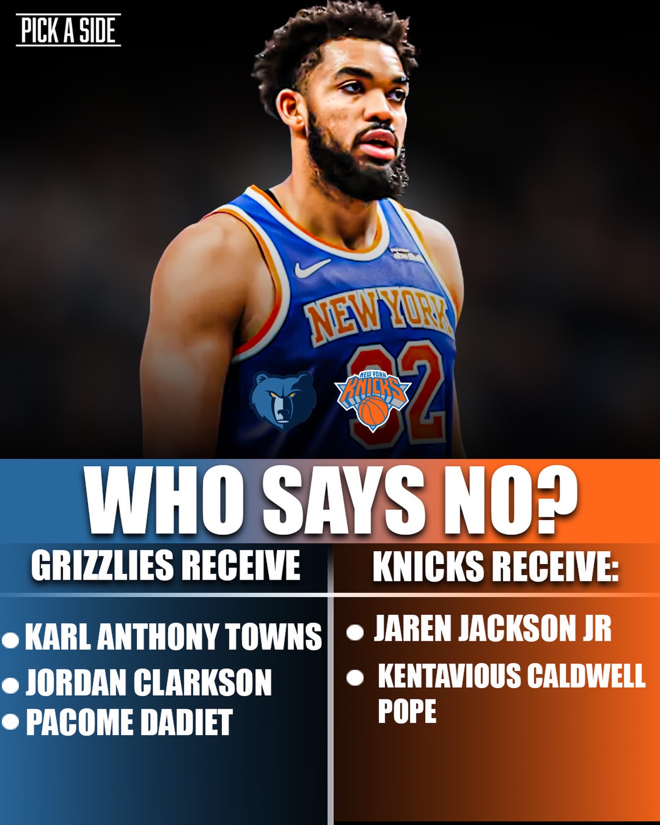 Who wins this potential NBA Trade sending KAT to Memphis and Jaren Jackson Jr to New York? 🔥