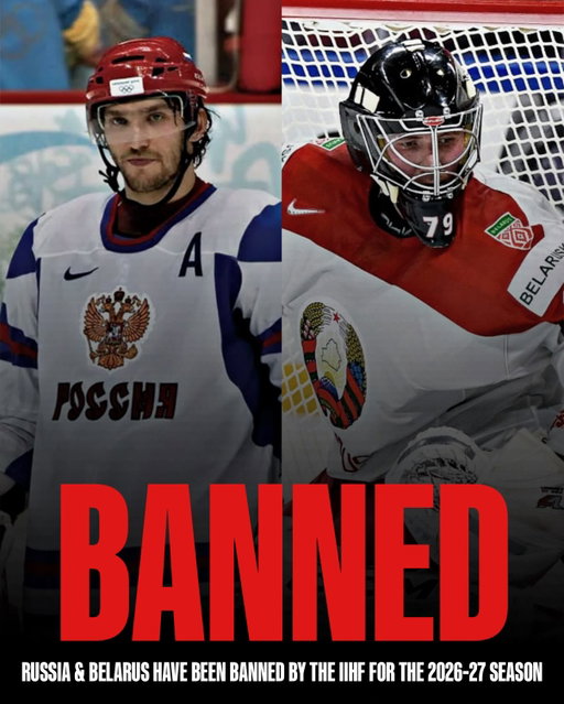 The IIHF has once again banned Russia 🇷🇺 and Belarus 🇧🇾 for the 2026-27 season due to their invasion of Ukraine.

Some other countries that are at war but are not banned for the 2026-27 season are the following but not limited to: USA 🇺🇸, Israel 🇮🇱, Iran 🇮🇷, and North Korea 🇰🇵, as well as Ukraine 🇺🇦 who are of course at war with Russia.

Thoughts? Should all these countries be banned? Should none be banned? Should only some be banned. Let us know ⤵️