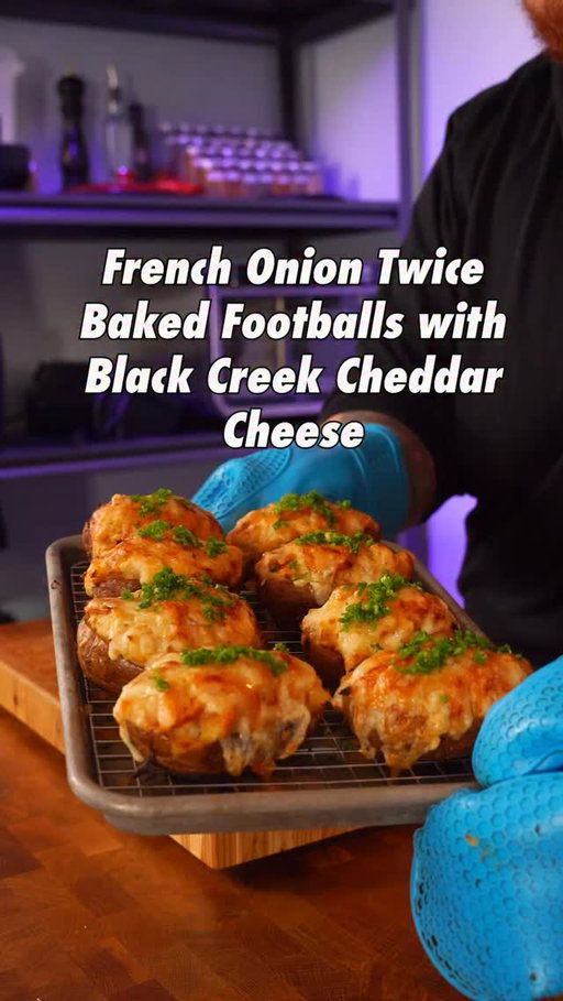 Step up the snacks this year with these French Onion Twice Baked Footballs using @blackcreekcheese available at @walmart 

Black Creek Cheddar with Gruyère Notes 
Black Creek Cheddar with Parmesan Notes
6 Russet potatoes (I make a couple extra for just filling)
2 Tbsp Olive oil
Flaky salt
3 sweet onions
2 Tbsp butter
1/2 Tbsp Worcestershire sauce
1 Tbsp heavy cream
2 egg yolks
Salt and pepper to taste
Start by oiling up your cleaned potatoes then add flaky salt. Bake at 400 until a knife will pierce the potato with no resistance.
Slice your onions with the grain and add to the pan over medium heat with 1 Tbsp butter and 1 Tbsp olive oil. Allow those to cook until a deep brown. You can add a splash of water along the way if they start to stick. At the end add your Worcestershire sauce, salt, and pepper
Now cut your potatoes in half and scoop the insides into a bowl. Add 1 Tbsp butter, your onions, heavy cream, egg yolks, half of your cheese, salt and pepper. Mix and then top your potato skins. Add the rest of your cheese to the top and bake at 400 until golden brown. Top with chives and serve. 
#ad #blackcreekcheese #gameday #gamedayrecipes #recipe