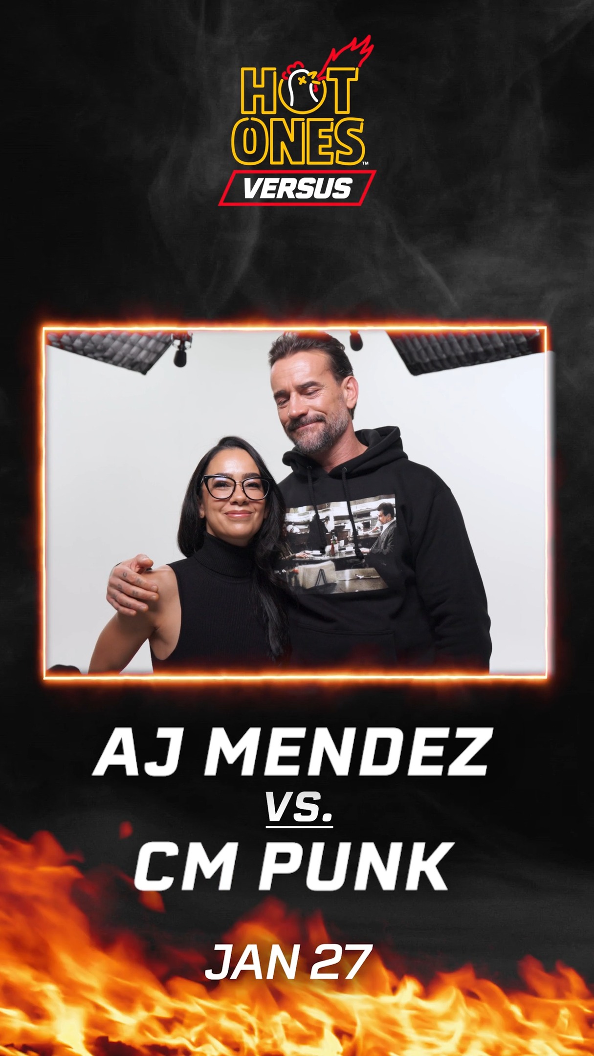 Get ready for some matrimonial mayhem when @WWE power couple @theajmendez and @cmpunk go head to head on the next @HotOnes Versus ❤️‍🔥🥊 Will The Best In The World triumph over his better half? Or can the Geek Goddess score a W over the World Heavyweight champion? 👀 Make your predictions below and catch the clash next Tuesday at 1 PM EST on First We Feast’s YouTube. #HotOnesVersus