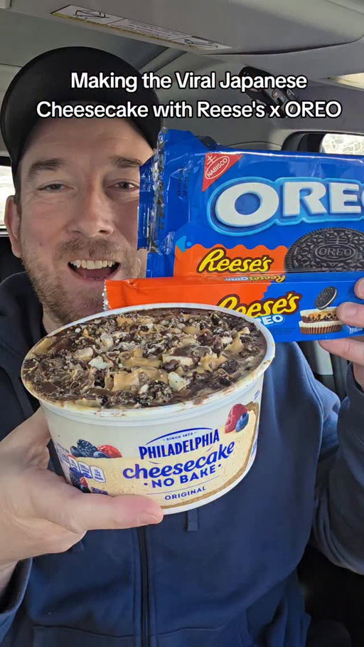 The viral Japanese Cheesecake with Reese's and OREO might be the greatest thing I've ever created and this one is loaded with cookies, peanut butter cups, and toppings. Would you give this one a try? #Cheesecake #reeses #oreo #eating #japanesecheesecake