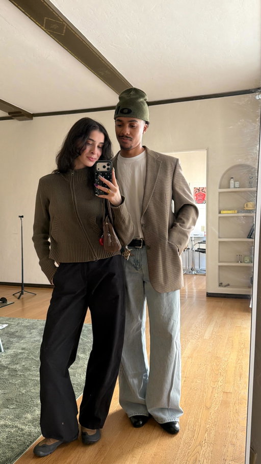 with a hint of slightly coordinating🪖 #couples #couplesfashion #fashioncouple #streetwear