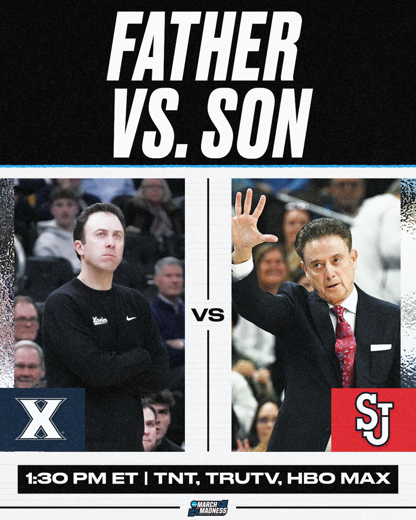 Father and son will battle again today as Rick Pitino’s @stjohnsbball squad takes on Richard Pitino and @xaviermbb on TNT, truTV, and HBO Max 📺⚔️