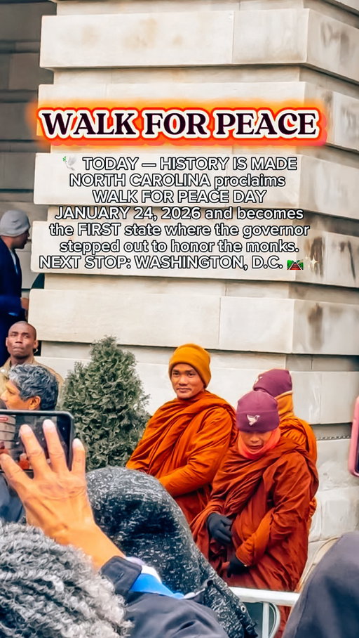 🕊️ HISTORY WAS MADE IN RALEIGH, NC 🕊️

The Walk for Peace monks stopped here today and something incredible happened!!! North Carolina became the FIRST state where the governor formally stepped out to honor the monks and officially declared a holiday: @nc_governor 
✨ Walk For Peace Day 🤍 January 24, 2026 ✨

And let me just say this — North Carolina you showed UP and showed OUT today!!!! 🙌🤍
This community came together in the most beautiful way.

These monks are walking over 2,300 miles on foot, carrying one message with them everywhere they go — peace, compassion, kindness, and unity.
No politics. No division. Just presence, love, and humanity.

From Texas… through our communities…
🛤️ NEXT STOP: WASHINGTON, D.C.

Truly one of the most powerful, grounding, and inspiring experiences I’ve ever witnessed!!!! 
In a world that feels loud and divided, today was a reminder that peace still moves people forward ….one step at a time. 🤍  @walkforpeace.usa 

#walkforpeace #northcarolina #raleigh #washingtondc #buddhistmonks