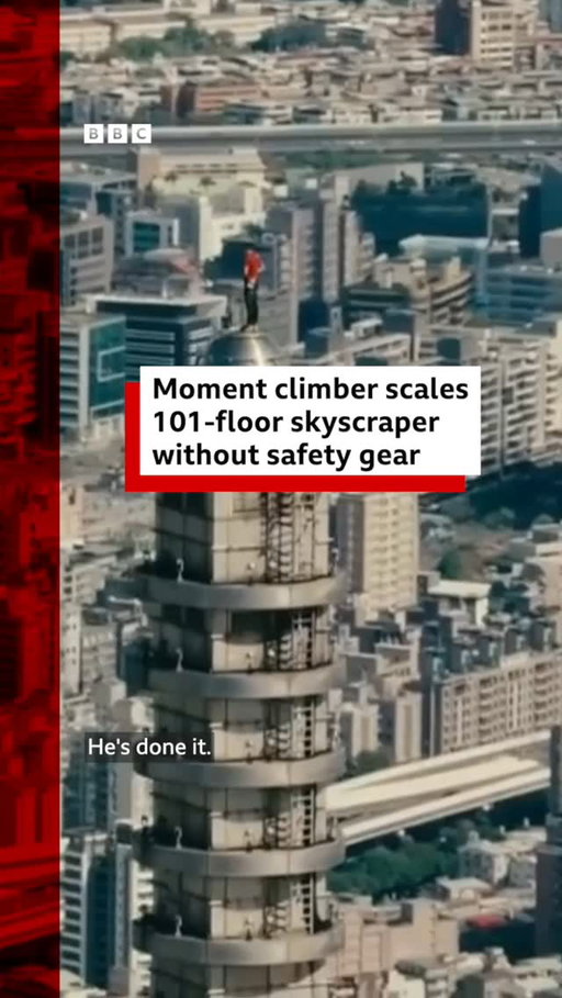 American climber Alex Honnold has successfully scaled a Taiwan skyscraper without a rope, harness or safety equipment.

The building, named Taipei 101 for the number of its floors, stands at 508m (1,667ft) of steel, glass and concrete and is designed to resemble a stick of bamboo.

Honnold is renowned for being the first person to climb El Capitan, the vertical granite cliff in California's Yosemite national park - also without ropes or safety gear.

Tap the link in @BBCNews's bio to find out why the climb was delayed. 

#BBCNews