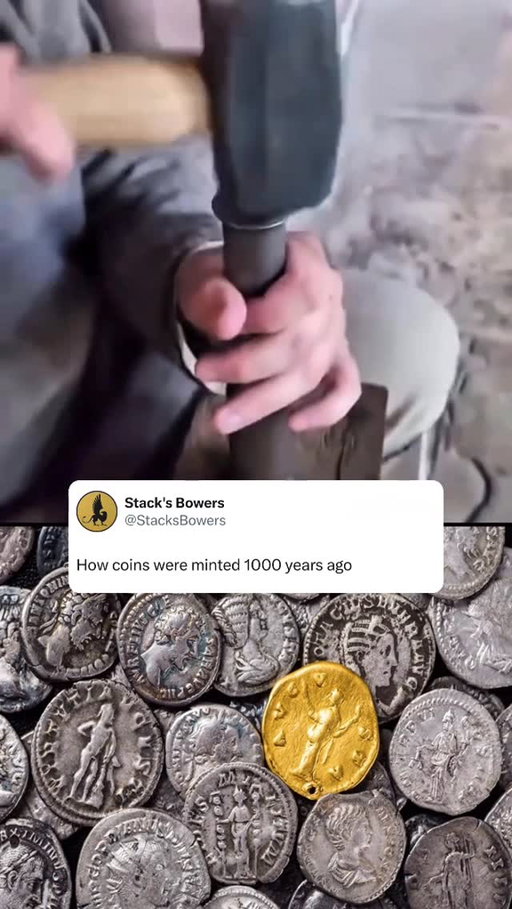 Before presses, electricity, or machines, coins were made one strike at a time 🔨 🪙 

A blank piece of metal was placed between engraved dies and struck by hand with a hammer, transferring the design through sheer force. No two coins were ever exactly the same.

(Via MartinXash/Reddit)