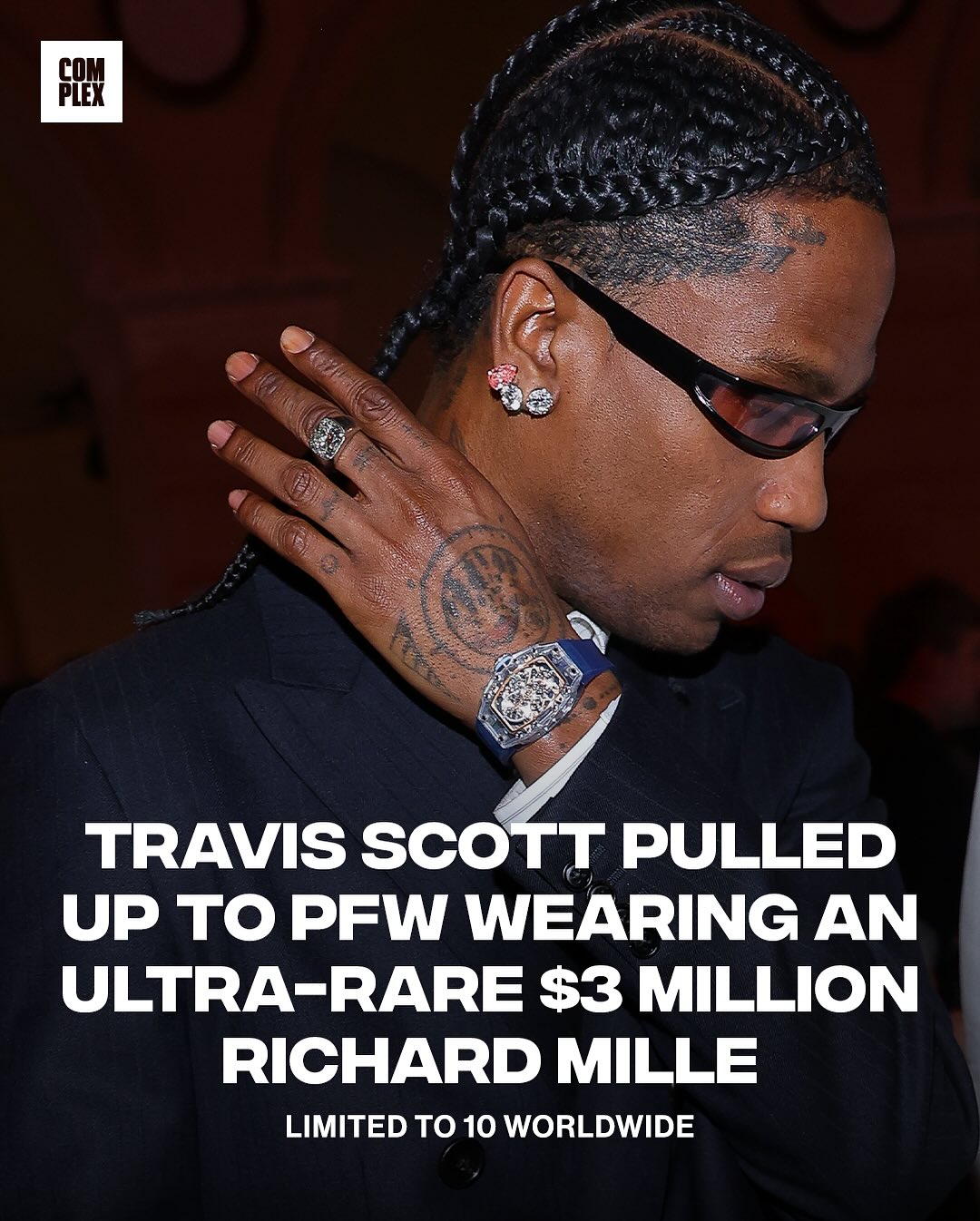 Travis Scott attended the Hermés FW26 show wearing an ultra-rare Richard Mille RM 75-01 Flying Tourbillon Sapphire valued at $3 million 

The timepiece is limited to only 10 worldwide ⌚️