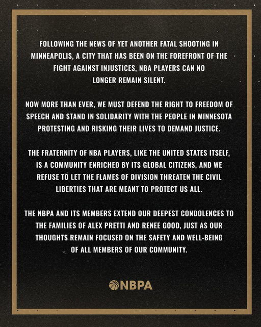 Statement from the NBPA and its Executive Committee on the Fatal Shooting in Minneapolis by ICE. 

“There comes a time when silence is betrayal” -MLK