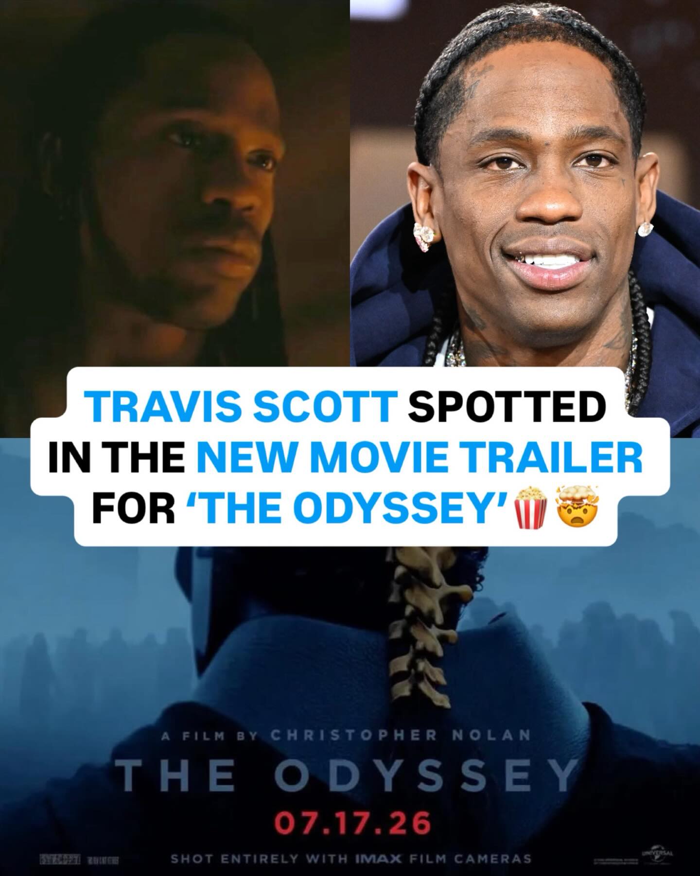 Travis Scott was just spotted in the new trailer for Christopher Nolan’s upcoming movie ‘The Odyssey’ 🤯

Travis looks to have his own acting role within the film. The movie is set to release on July 17th, 2026

Did you expect this?